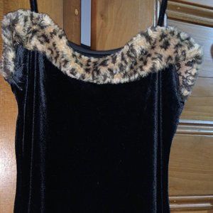 Faux Velvet dress with faux leopard trim (long length) with thigh slit. Stretchy